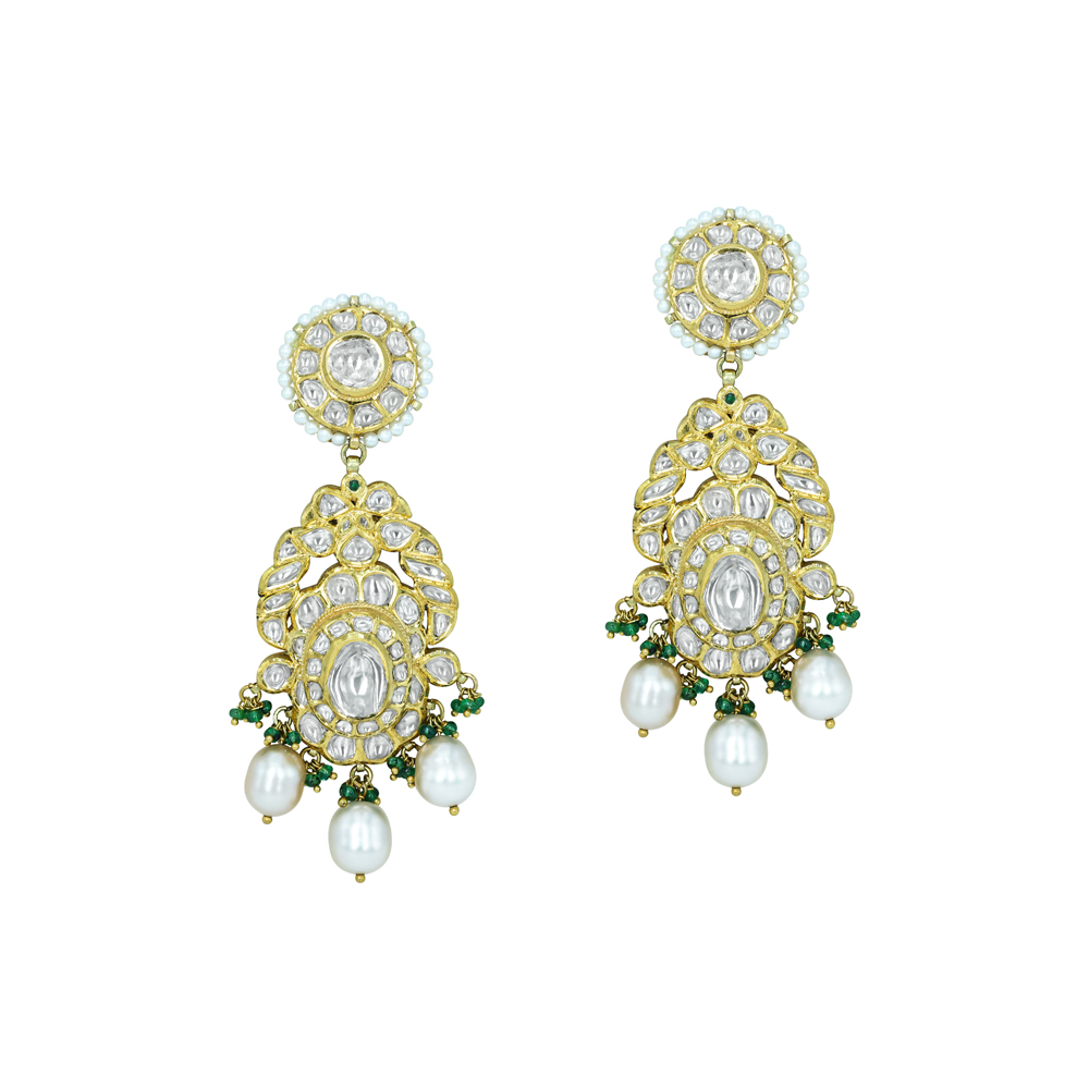 Polki Earrings with Pearls and Emerald Beads